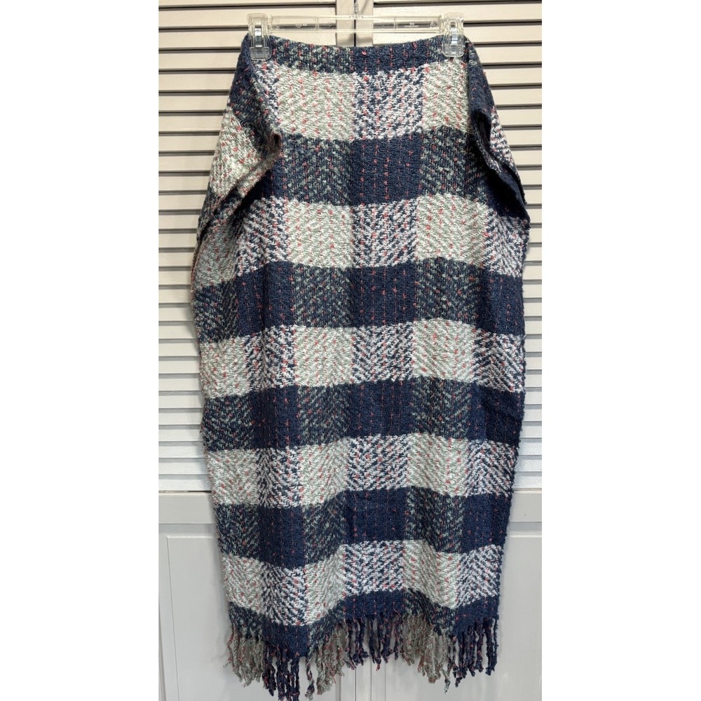 Plaid Scarf Wide Super Soft Fringe Blue/Green/Pink 23"W X 74"L Warm Winter